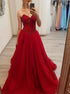 A Line Sweetheart Red Tulle Beadings Prom Dress LBQ3651